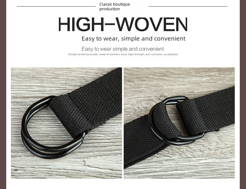 Double-loop Canvas Belt Men's and Women's Black D-shaped Buckle Cloth Belt Half-ring Long Canvas Belt_voghion.com