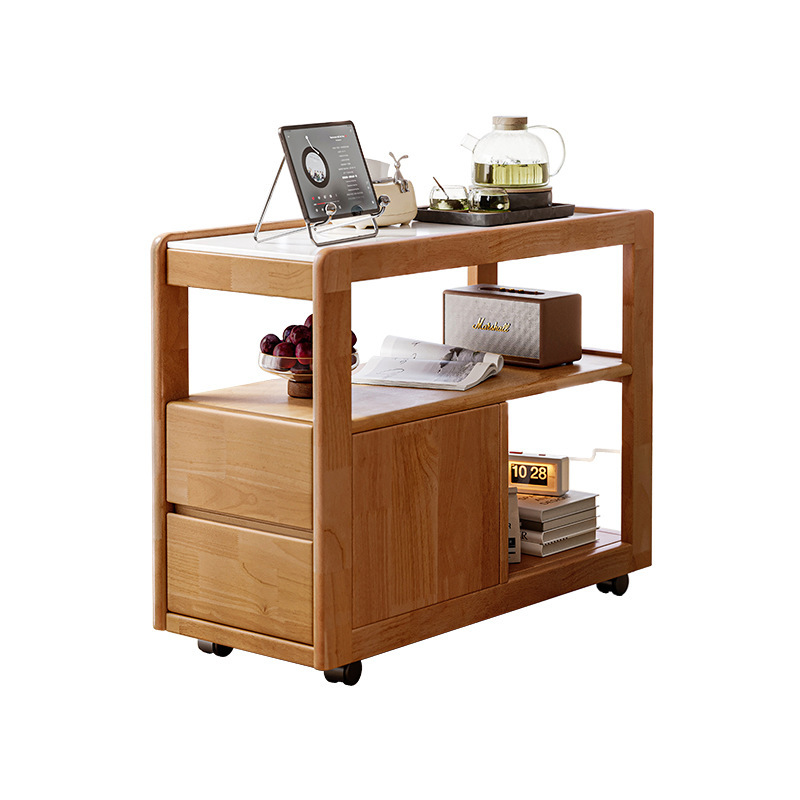Sofá de madera maciza gabinete lateral tablero de roca lateral rueda nórdica pequeña sala de estar móvil mesa de té mesa de cabezal de cama