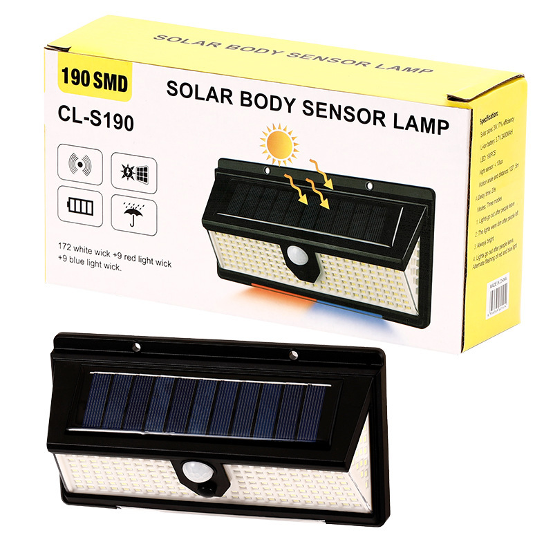 Nueva inducción del cuerpo humano lámpara de escalera impermeable lámpara de pared solar patio 190LED lámpara solar luminosa de tres lados