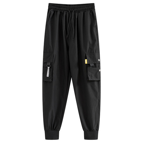 Women's oversized baggy cargo pants, boyfriend style, ankle-tied, trendy brand, short-stature-friendly harem pants, black pants for women, Korean-style straight-leg pants.
