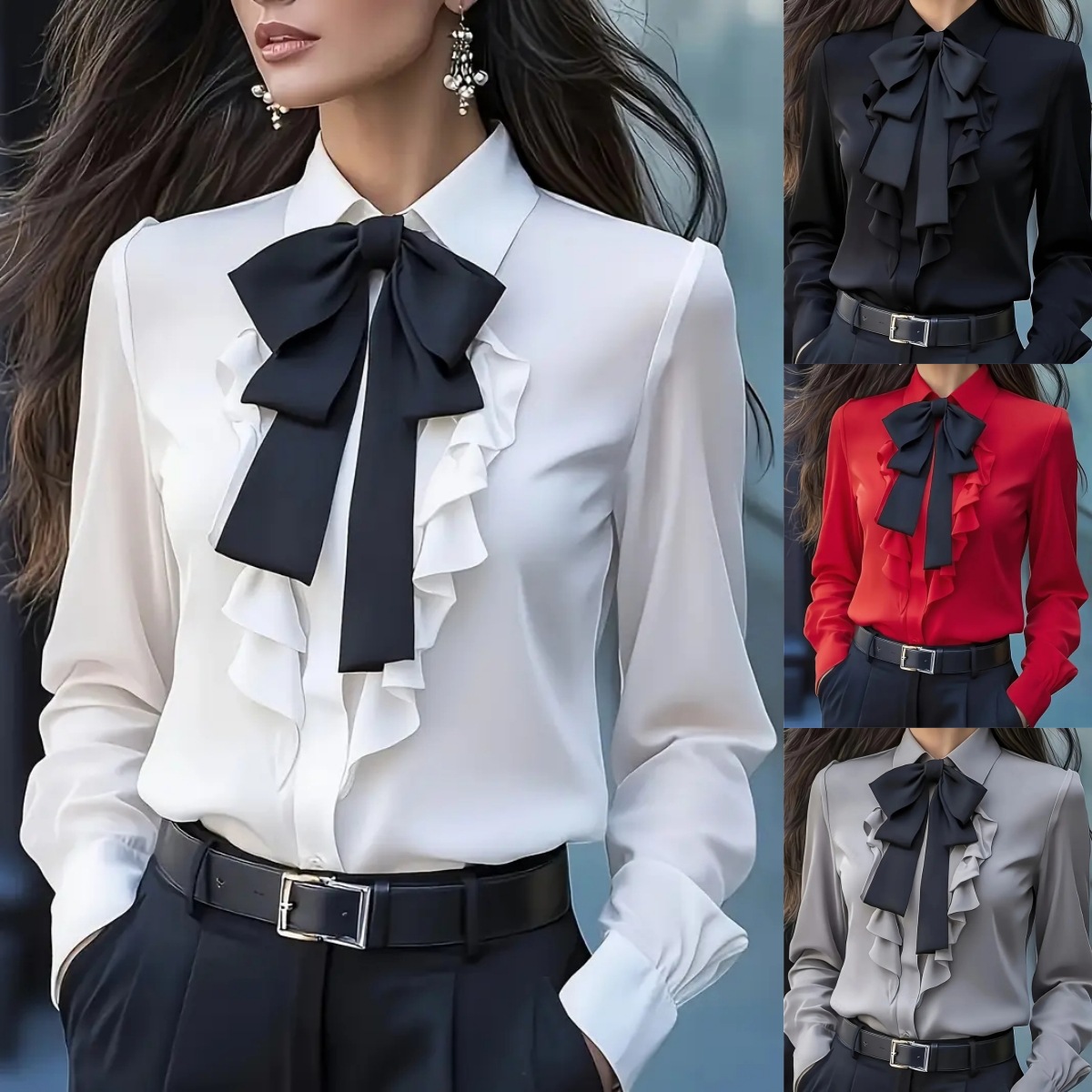 Autumn solid color design shirt with bow