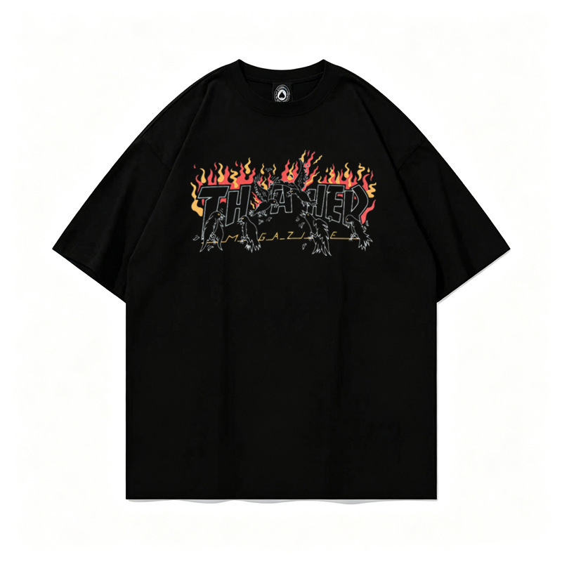 Thrasher Short-Sleeved T-Shirt Blood-Colored Flame Dark Flame Crow Retro Trendy Brand Printed Short-Sleeved T-Shirt Loose Fit Thrasher Short-Sleeved T-Shirt Blood-Colored Flame Dark Flame Crow Retro Trendy Brand Printed Short-Sleeved T-Shirt Loose Fit