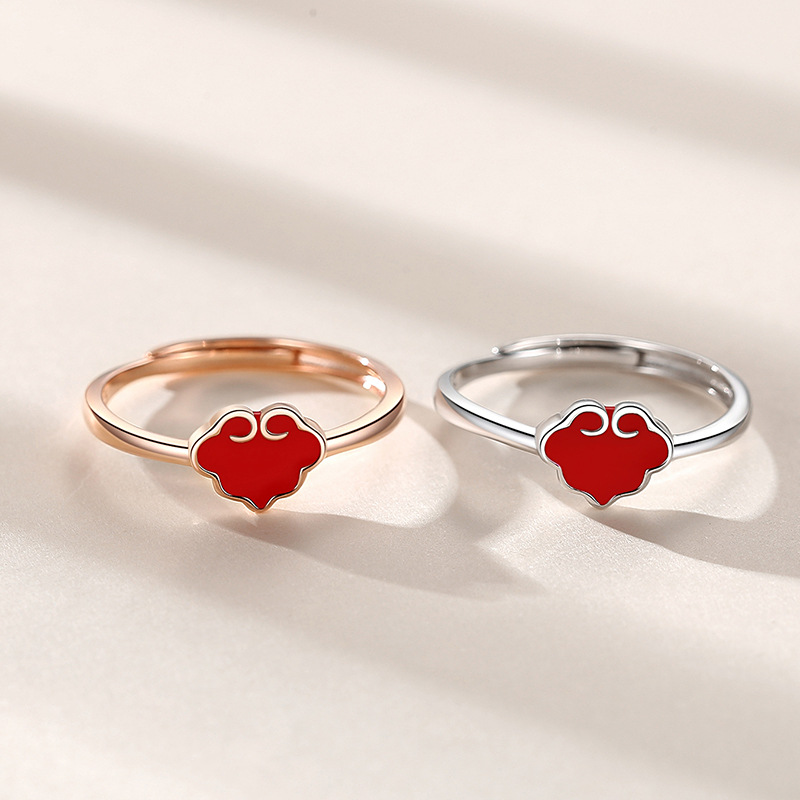 S925 plata esterlina Ruyi bloqueo anillo femenino retro nuevo estilo nacional anillo femenino rojo suerte nube abierto Ajustable dieta anillo de dedo