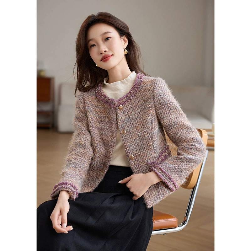 Женский короткий твидовый жакет из хлопчатобумажной ткани с утолщенной подкладкой из шерсти, весна-осень 2025, круглый вырез, необработанные края, элегантный топ