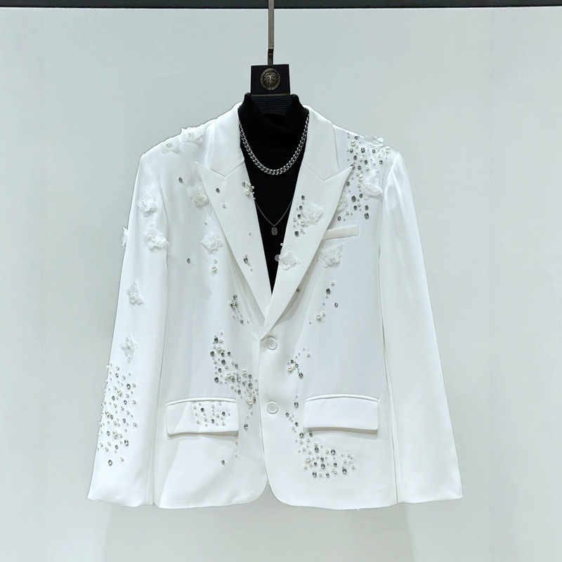 High-end three-dimensional floral design, starry pearl blazer for men, niche style, trendy slim-fit short suit