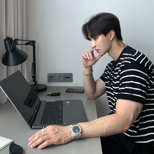 ASCLO夏季新款男士黑白条纹上衣基础款体恤韩版宽松套头圆领短袖