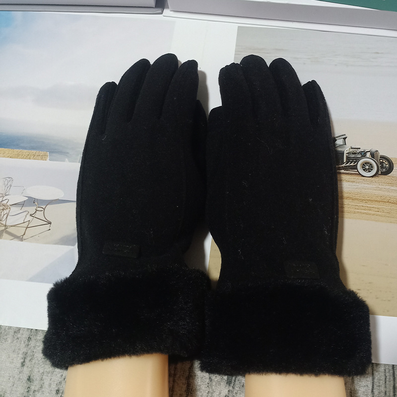 德绒女士秋冬季保暖手套加绒加厚毛口户外骑行开车运动触屏手套|undefined