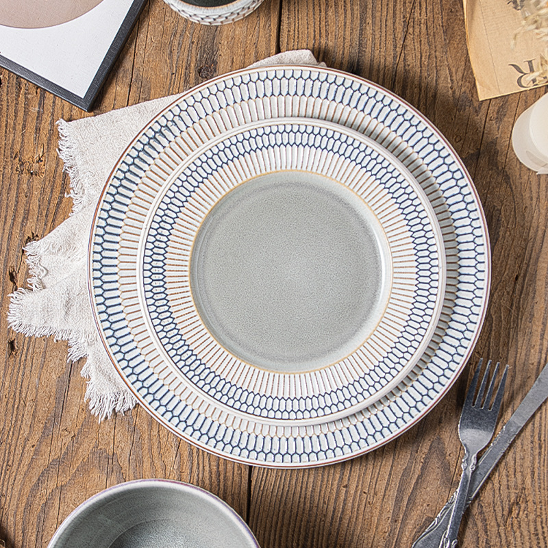European Underglaze Ceramic Tableware Kiln Glaze Relief Plate and Dish Set Creative Steak Plate Salad Bowl Mug