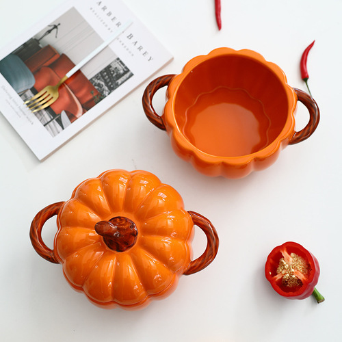 Ceramic Soup Bowl with Lid Creative Pumpkin Soup Bowl Household Soup Serving Large Soup Basin Double-Ear Noodle Bowl and Snail Noodle Bowl Dedicated