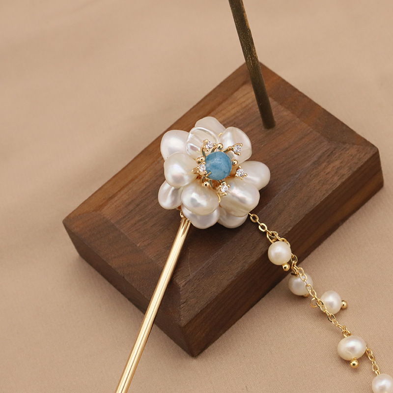 Natural perla horquilla original diseño hecho a mano azul marino tesoro barroco vintage estilo nacional horquilla hanfu accesorios para el cabello al por mayor