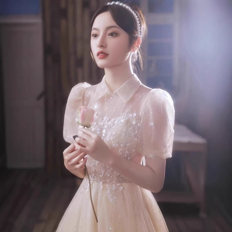 Champagne-Colored Dress 2026 New Style Elegant and Graceful for Banquets, Engagements, Birthdays, Petite Adults, Coming-Of-Age Ceremonies, and Talent Shows
