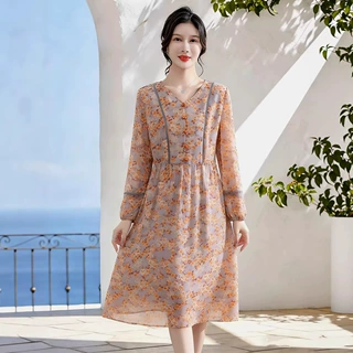 早秋新品防皱长袖碎花显瘦气质宽松胖MM子连衣裙子妈妈中年女装