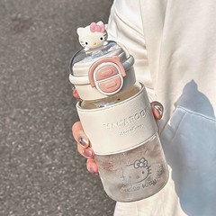 女の子向けのダブルドリンクガラスウォーターカップ、見た目が高く、高温耐性、火傷防止、かわいくて軽い、高級感のあるストロー付きカップ