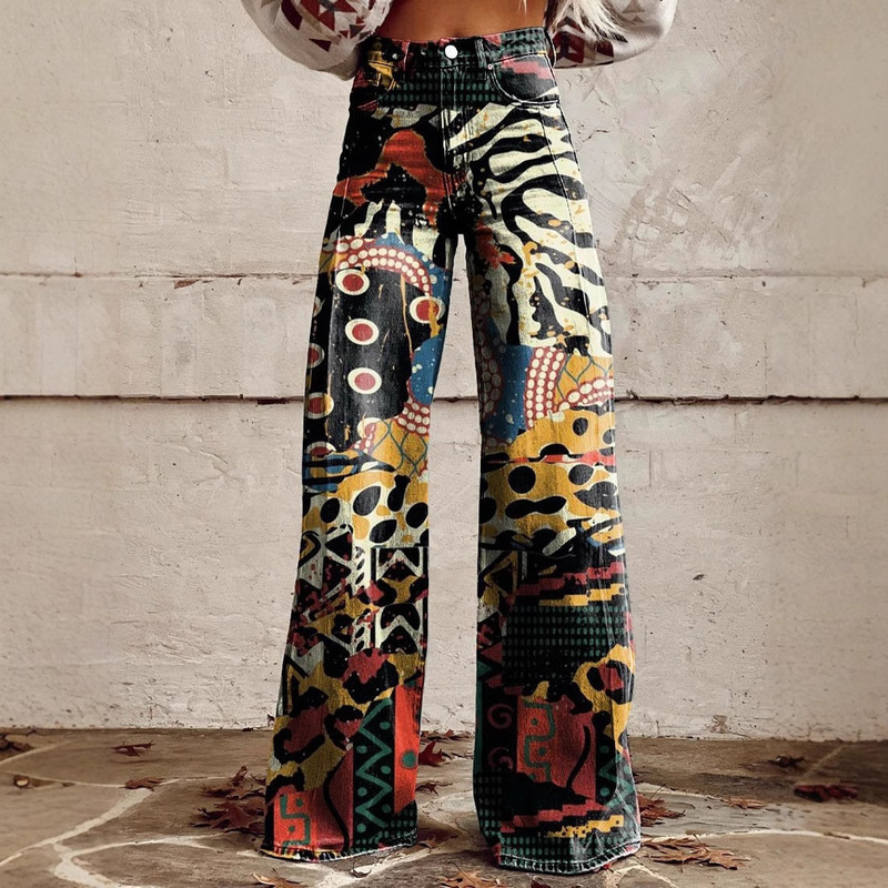 Cross-border AliExpress European and American Foreign Trade plus size Women's Casual Pants Thin Imitation Jeans Wide Leg 3D Trendy Women's Pants