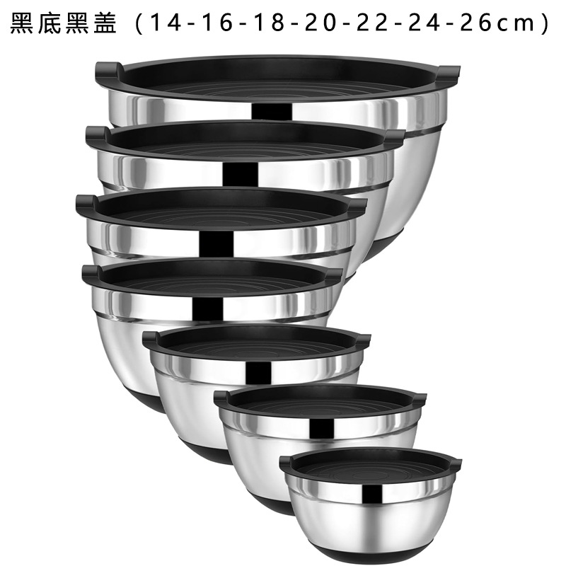 Transfronterizos al aire libre portátil batedor para hornear y cuenca de acero inoxidable silicona fondo ensalada tazón conjunto de cubierta negra
