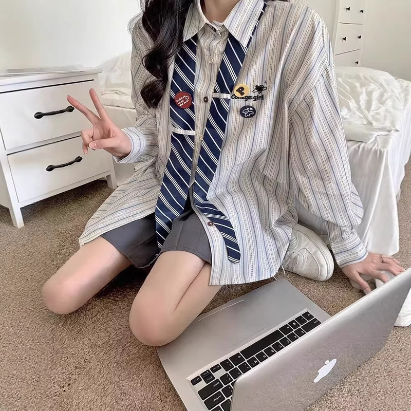 Striped Tie Shirt, Loose French-Style Chic Long-Sleeve Shirt, Student Shirt, Best Friend Outfit, Ins-Style Striped Tie Shirt, Loose French-Style Chic Long-Sleeve Shirt, Student Shirt, Best Friend Outfit, Ins-Style