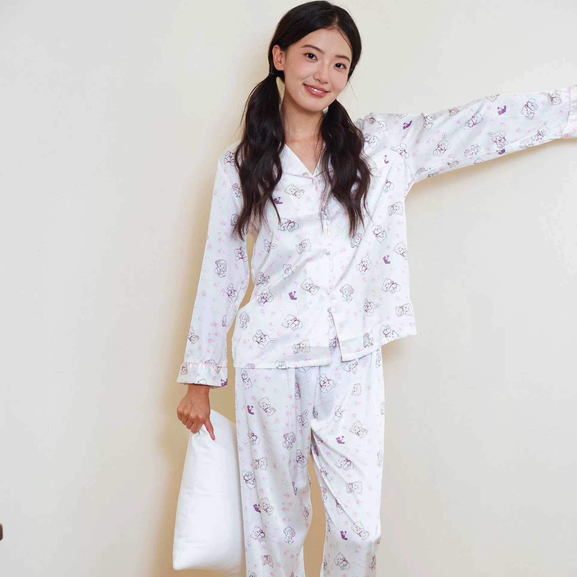 Hanfeng мультяшный принт с длинными рукавами, ледяная пижама, женская летняя модель 2024 новый домашний костюм брюки, летняя