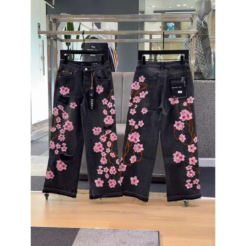 桜刺繍入りデニムパンツ！リッピングデザイン、ファッショナブルでカジュアル、スリムでストリートスタイル-WL617|undefined