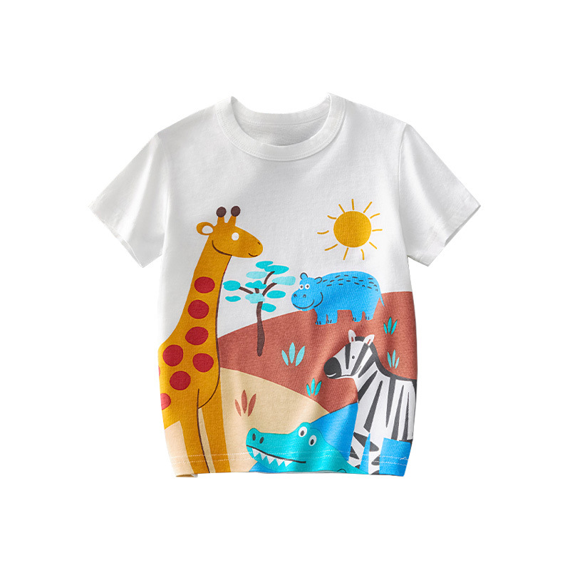 Ropa para niños europeos y americanos Camiseta de algodón puro 2024T Ropa para niñas y niños Cuello redondo de verano Camisa suelta para niños de manga corta Ropa para niños
