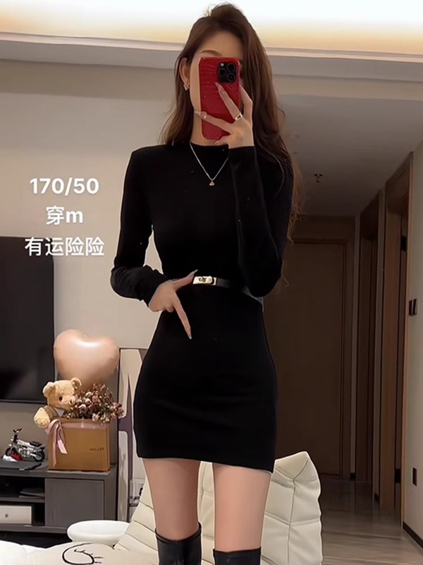 黑色半高领针织连衣裙女长袖2025年秋冬季新款显瘦内搭打底包臀裙|undefined