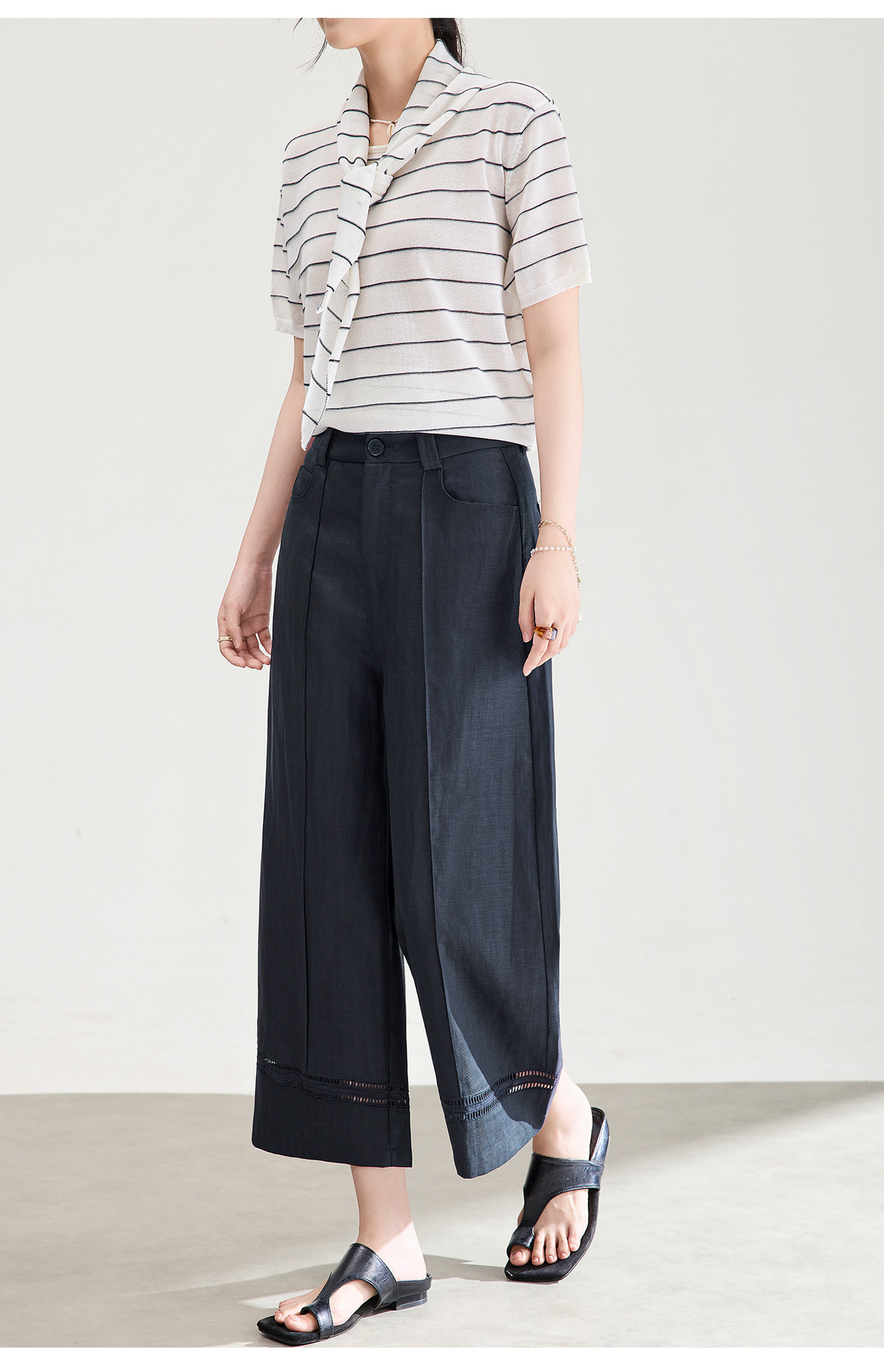 Quần culottes nữ ống rộng dáng dài 9 phần, chất liệu sợi gai dầu mỏng nhẹ mùa hè — màu xanh navy chi tiết 26