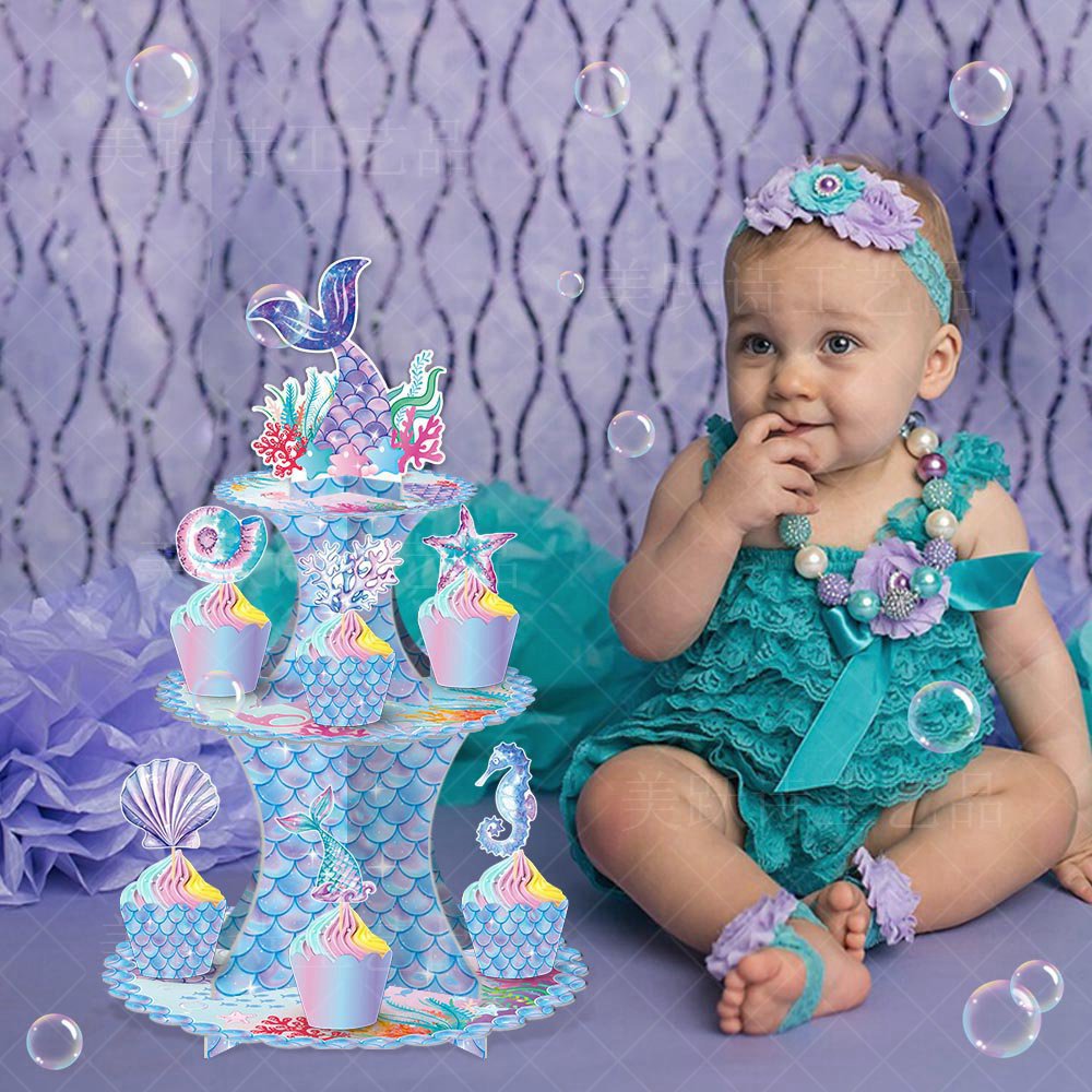 Transfronterizo nuevo tema de sirena fiesta de cumpleaños decoración de la torta soporte de la torta postre Mesa decoración de soporte de la torta
