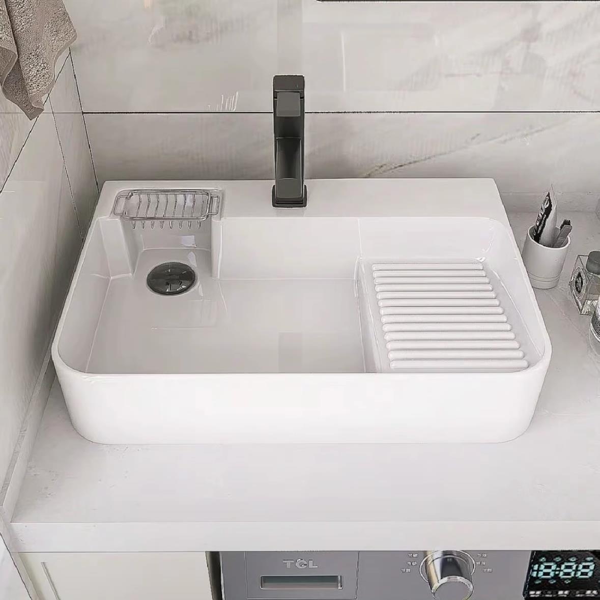 Balcony Ceramic Laundry Basin with Washboard, Countertop Basin, Laundry Sink, Side Drain, Left and Right Side Drain, Wash Basin, Single Basin