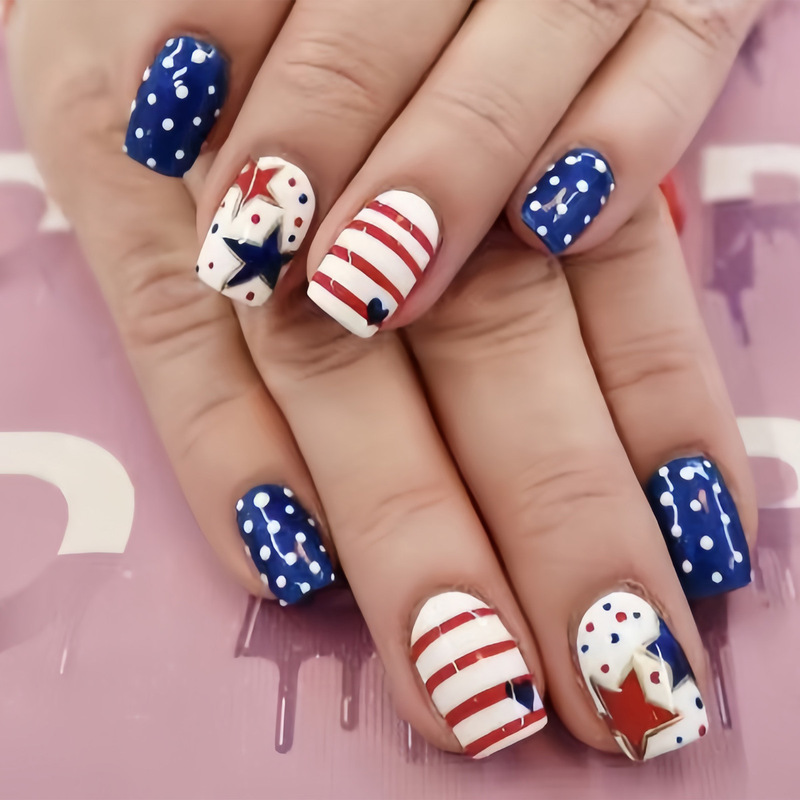 Independence Day Wear Armor Square Red White Blue Stripe Love Star Finished Fake Nail Nail Nails