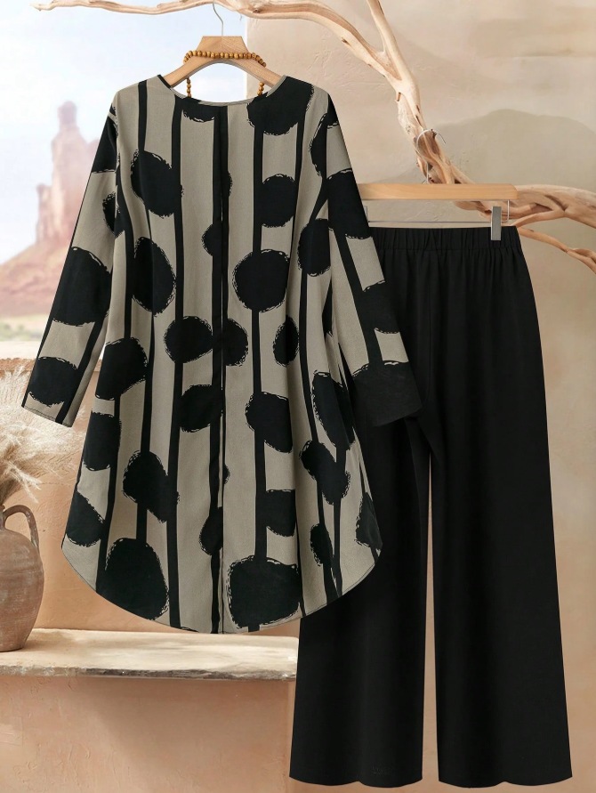 Women's Casual Printed Pant Set Loose-fitting Plus-size Outfit_voghion.com