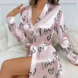 源头工厂色丁印花长袖睡袍系带短款休闲浴袍女士四季居家性感睡衣