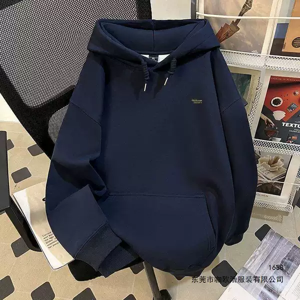 Navy blue hooded sweatshirt running wear for men and women, loose fit, autumn and winter, fleece-lined, thickened, 2026 new model, meteor print top