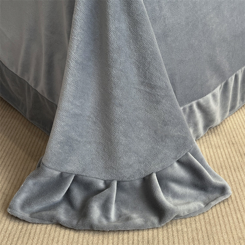 Invierno grueso terciopelo de leche traje de cuatro piezas terciopelo de coral simple color sólido bordado funda de edredón sábana ropa de cama de terciopelo de doble cara