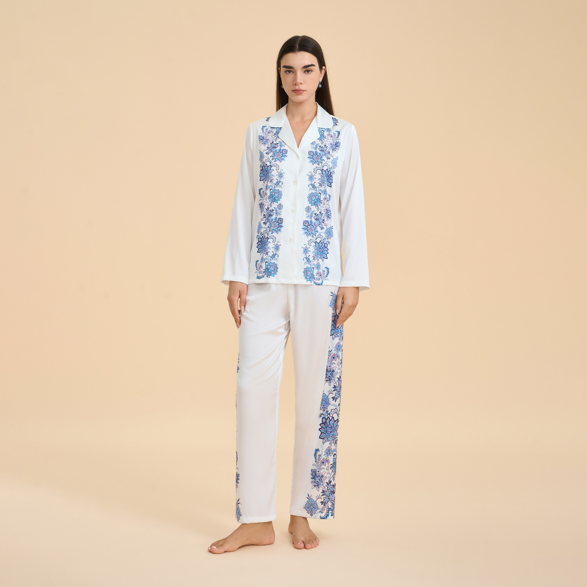 Conjunto de Pijama de Satén para Mujer TZ3999 de Chifón con Estampado y Cuello Solapa para Casa y Exterior