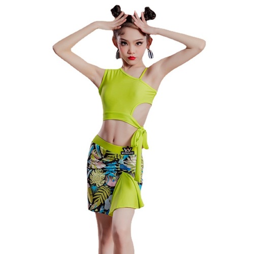 Girls Latin Dance Dress Green floral flowers children Latin dance clothing female children performance costumes practice uniforms of the girls