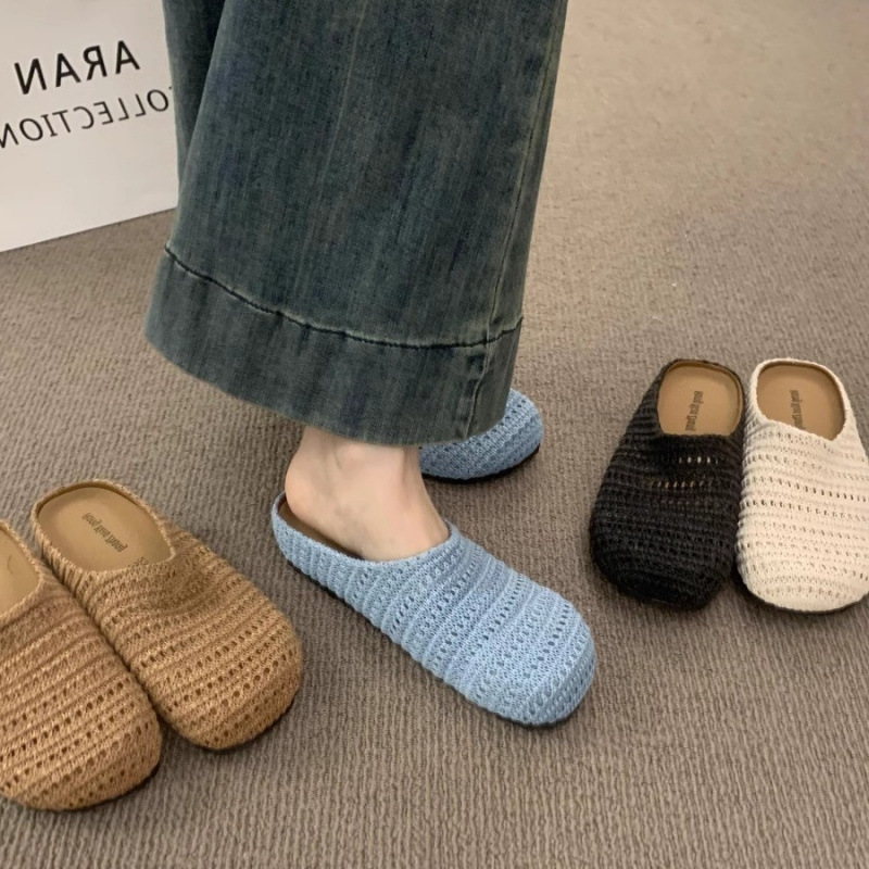 French Niche Hand-Woven Hollow Breathable Toe-Cap Half Slippers for Women's Summer Outer Wear Roman Style Thick-Soled Mule Shoes French Niche Hand-Woven Hollow Breathable Toe-Cap Half Slippers for Women's Summer Outer Wear Roman Style Thick-Soled Mule Shoes