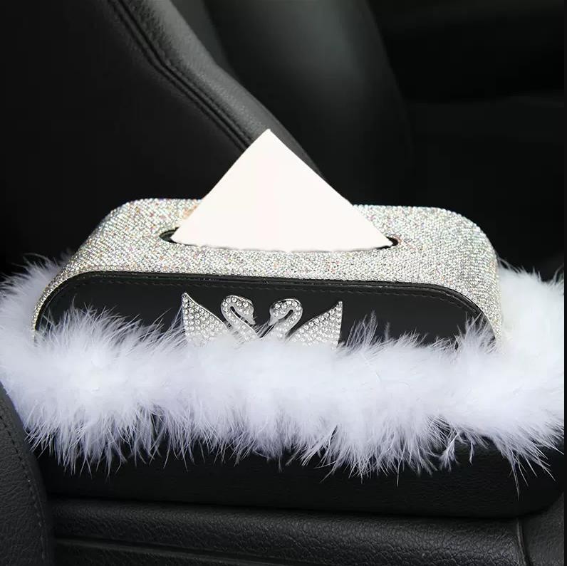 Caja de dibujo de doble cisne, caja de pañuelos de coche con diamantes, decoración de coche, consola central, caja de pañuelos, caja de reposabrazos, diamantes de imitación, mujer