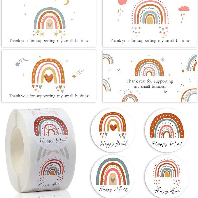 波西米亚风格彩虹感谢卡片带有一卷可爱贴纸用于礼物装饰包裹装饰
