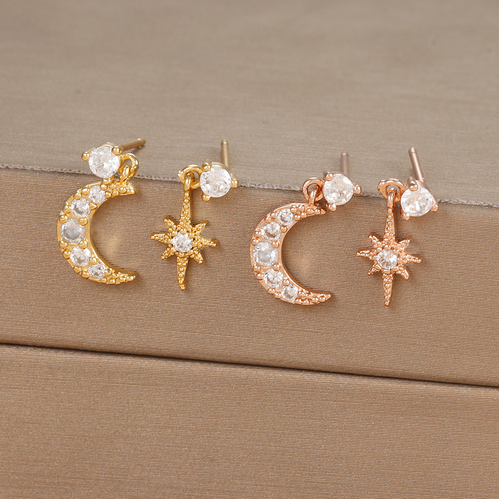 1 Pair Ig Style Star Moon Asymmetrical Plating Inlay Copper Zircon 18k Gold Plated Drop Earrings display picture 1