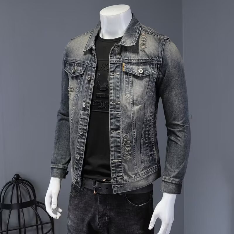 Retro hacer chaqueta de vaquero viejo hombre estilo coreano delgado tendencia guapo chaqueta de trabajo primavera y otoño 2024 ropa de motocicleta