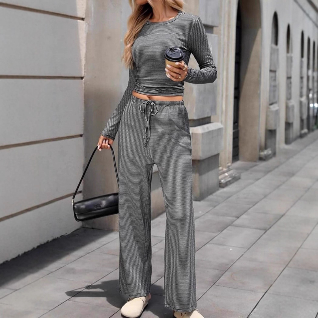 2025 Cross-Border European and American Popular Striped Sports Suit Women's Spring and Autumn Fashion Relaxed Korean Style Slim Top Wide Legs