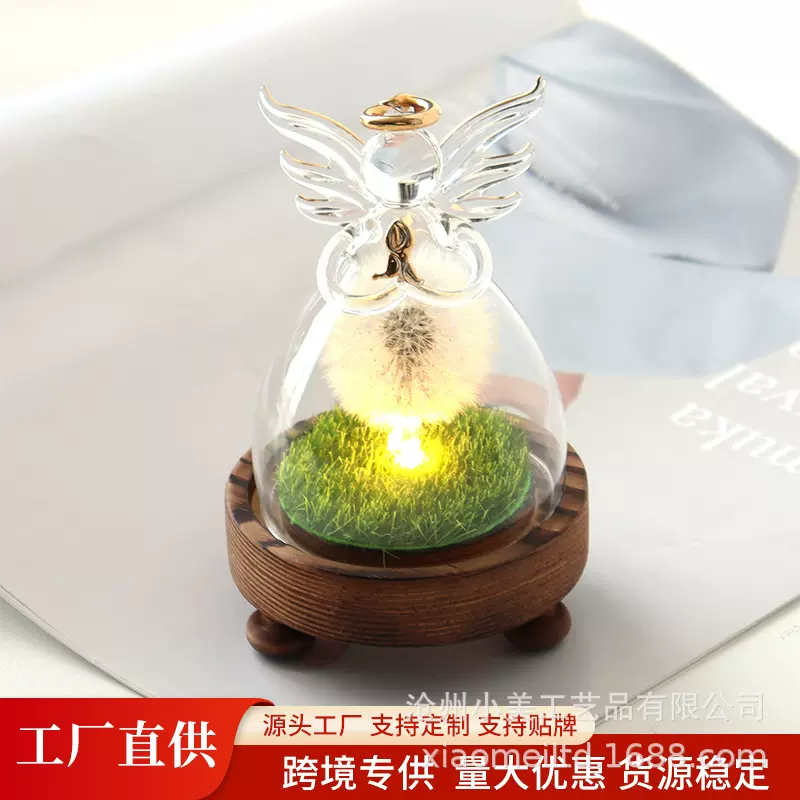 小天使玻璃罩摆件永生花圣诞节礼物蒲公英干花批发带亮灯跨境专供