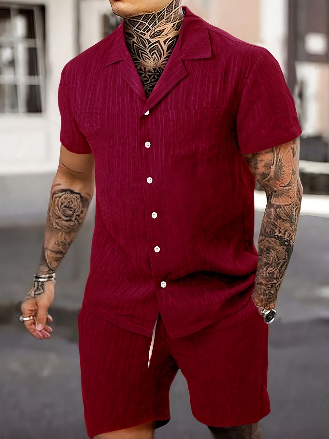 Lässiges Herren Hemd Und Shorts Set Mit Rüschentaschen_voghion.com