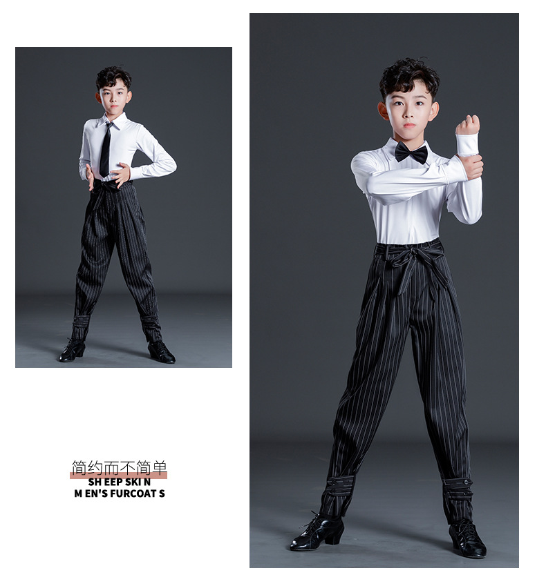 White top + bow tie + striped pants