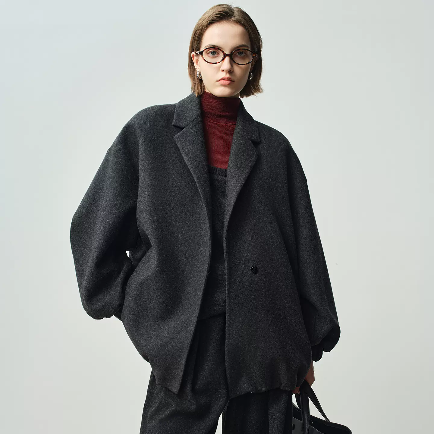 [本初]宽松休闲风廓形短款单面呢外套25秋冬高级感灰色羊毛大衣女