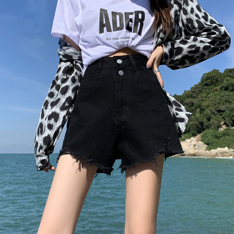 Ripped Denim Shorts Women's Black Ins New Double Buckle Design High Waist Wearing Wide Leg Rough A- Line Hot Pants for Summer