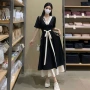 秋季热门v领短袖长裙