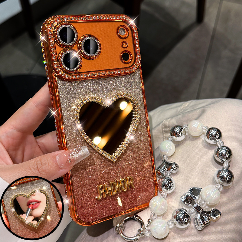 Luxurious Rhinestones Suitable for Apple 17Promax Mobile Phone Case Heart Mirror 17Pro Lens Film 16Pro Lanyard 15
