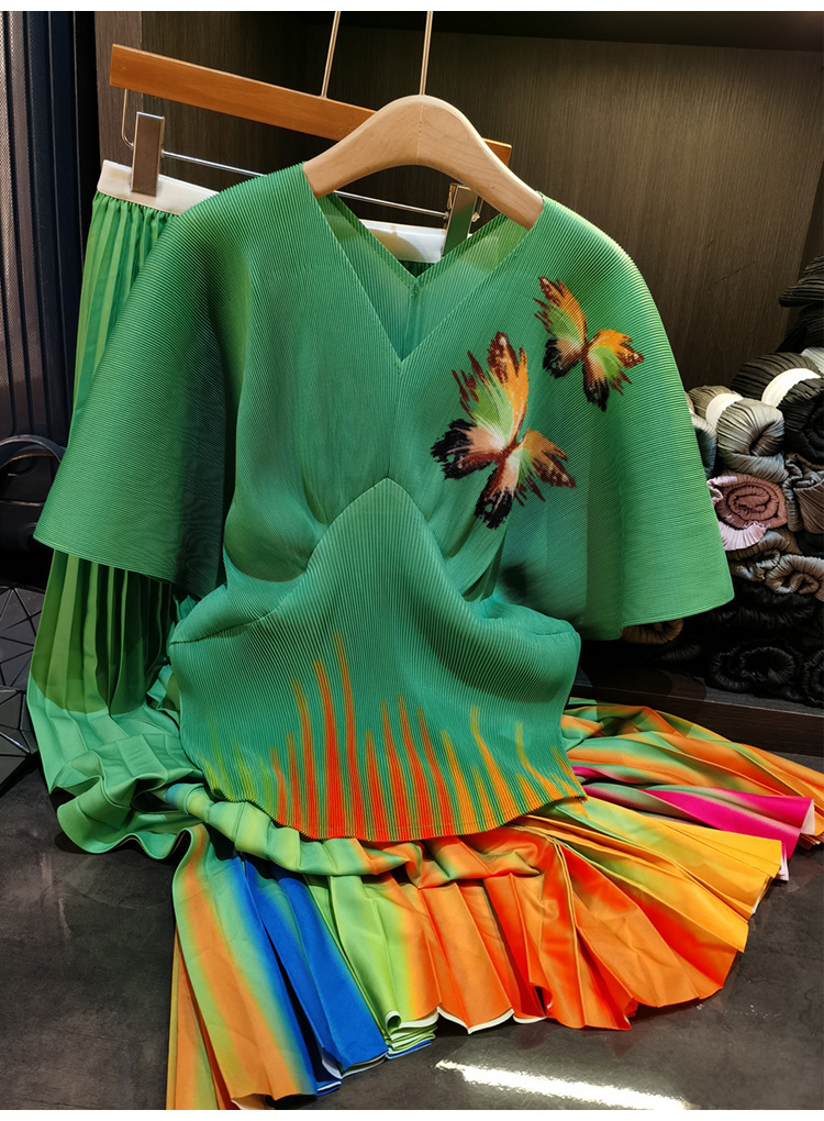 Elegant Butterfly Print Two Piece Set For Women V-Neck Short Sleeve Top & Pleated Midi Skirt Casual Mid-Calf Length Polyester_ecoleips.com