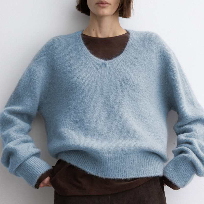 프랑스 스타일 우아한 풀오버 스웨터 여성의 V 넥 기모 따뜻한 토끼 모피 탑 봄과 가을 새로운 느슨한 단색 스웨터