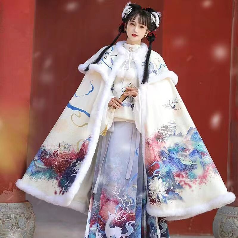 New Chinese-style winter cloak, fashionable and elegant long cape with fur trim, vintage shawl for winter, thickened for warmth New Chinese-style winter cloak, fashionable and elegant long cape with fur trim, vintage shawl for winter, thickened for warmth